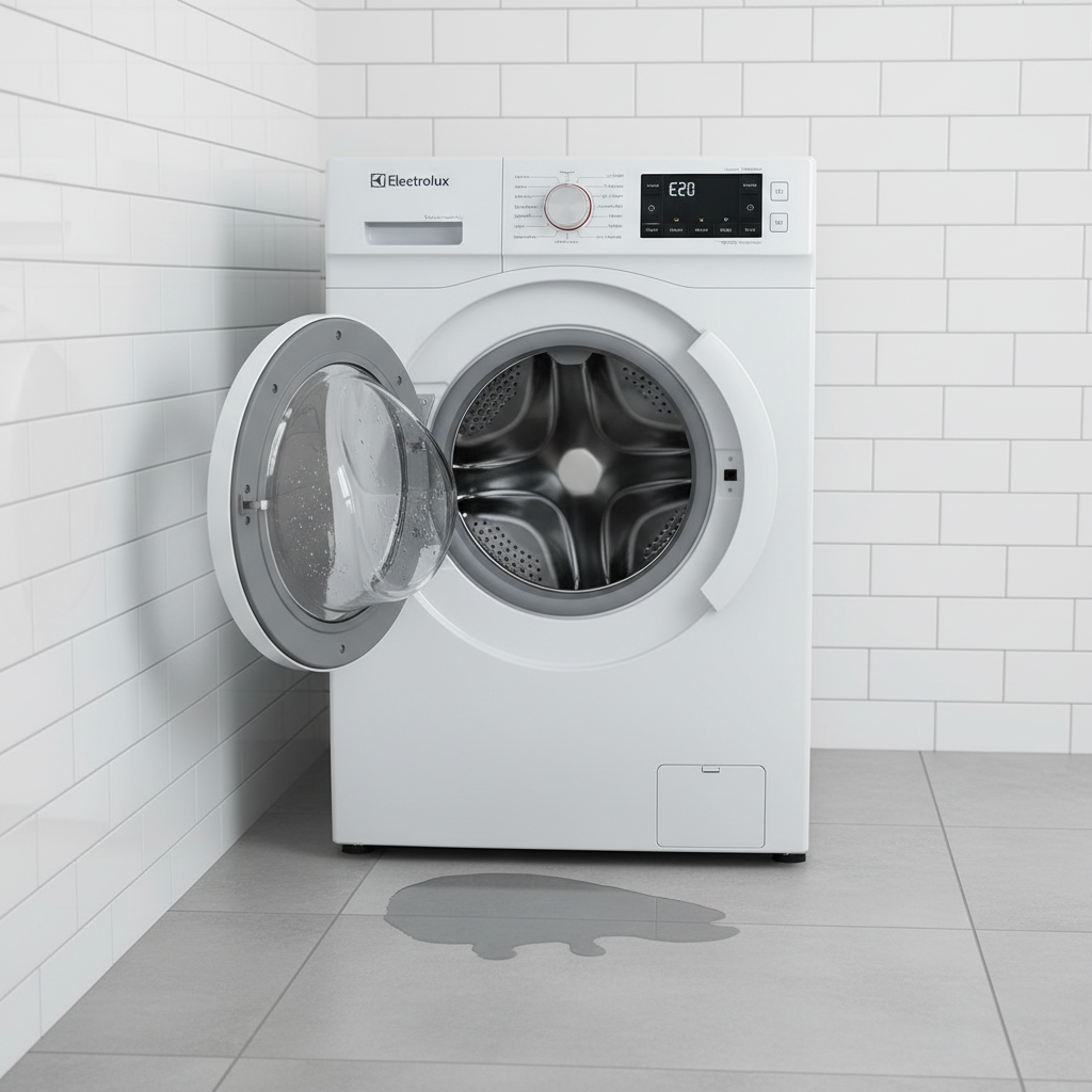 A highly detailed, realistic photograph of a modern Electrolux Inspire washing machine in a clean, well-lit laundry room, displaying the E20 error code clearly on its digital control panel screen. The machine's door is slightly ajar, with subtle steam or water droplets visible inside the drum indicating a drainage issue, realistic water puddle on the floor nearby, professional studio lighting with soft shadows and high dynamic range for sharp focus on the error display and machine details, no text overlays or labels anywhere in the image, photorealistic, 8k resolution.